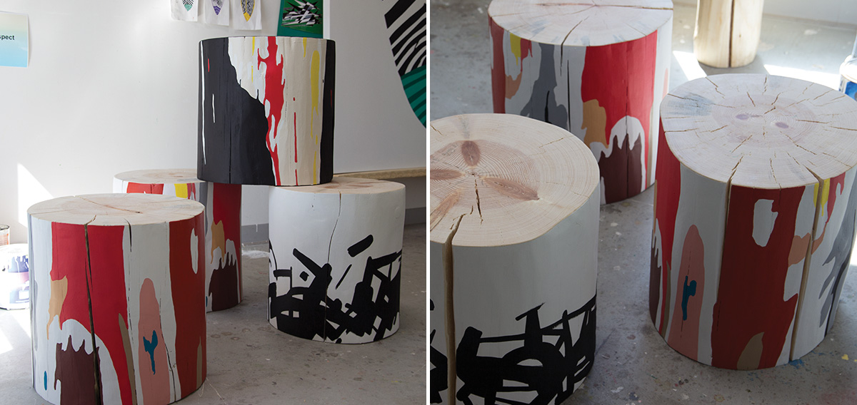 Hand Painted Art Tables in Studio